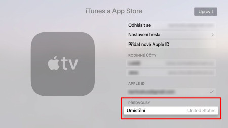 Nastavení předvolby umístění pro Apple TV
