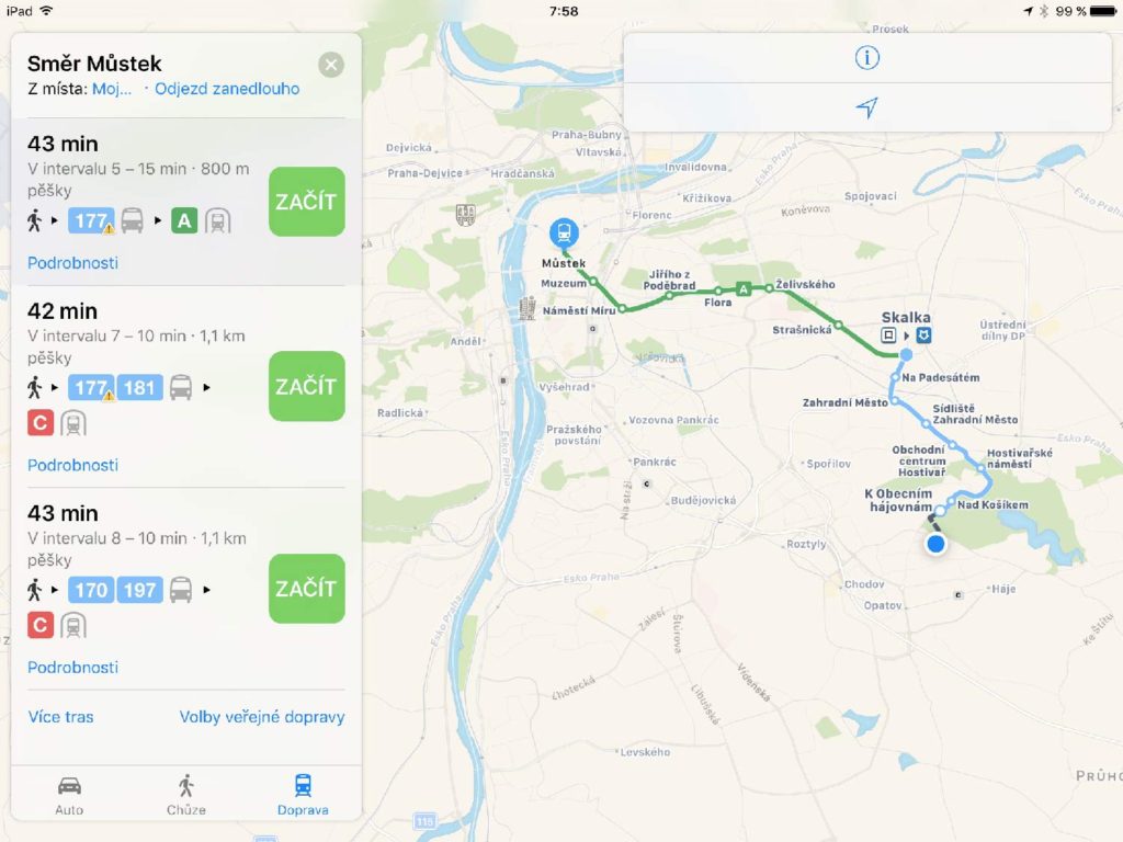 Apple Mapy - MHD v Praze