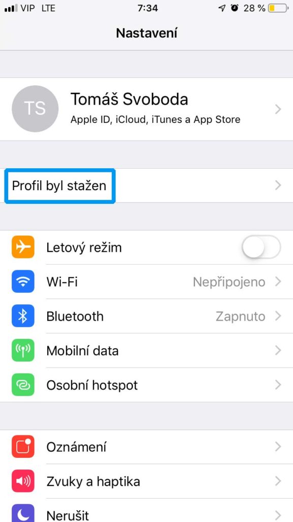 Instalace profilu iOS 13