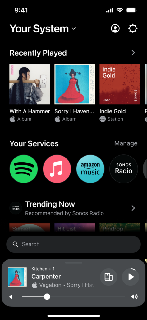 Sonos App Home Screen - Dark