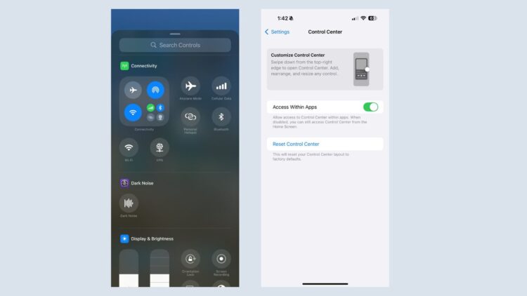 iOS 18.1 Ovládací centrum