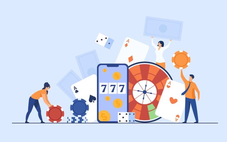 Happy tiny people gambling in online casino isolated flat vector illustration. Cartoon characters playing in roulette, poker, blackjack. Money and risk concept