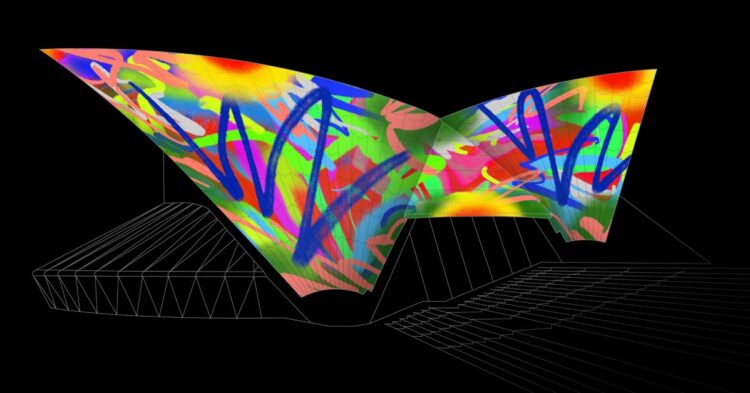 iPad umění promítané na Sydney Opera House