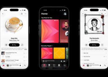 Apple Music v tmavém režimu s adaptivním vzhledem alba