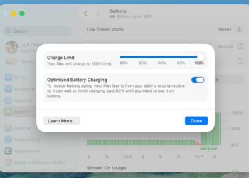 MacBook v nastavení omezení nabíjení baterie
