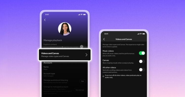 Spotify v nastavení pro vypnutí videí a Canvasu