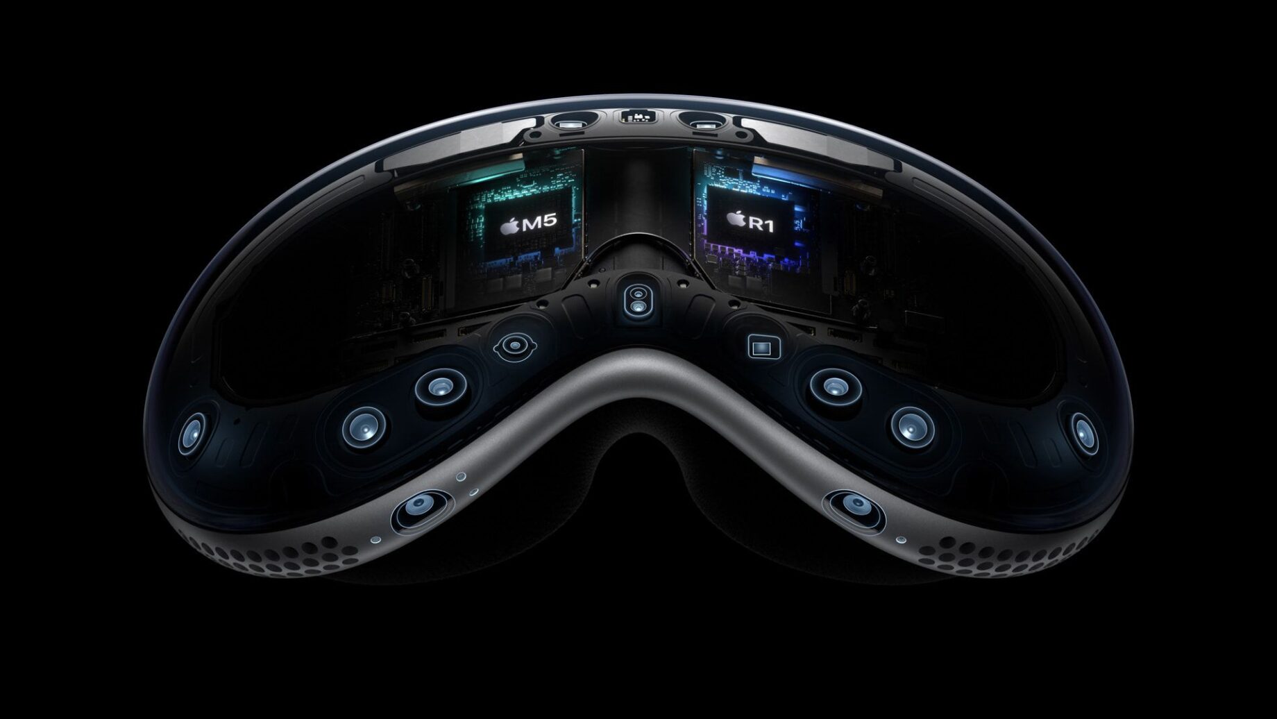 Apple Vision Pro headset na tmavém pozadí