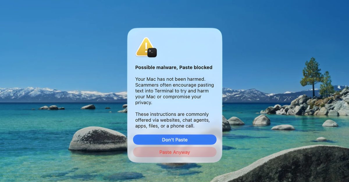 Varování macOS při vkládání příkazu do Terminálu