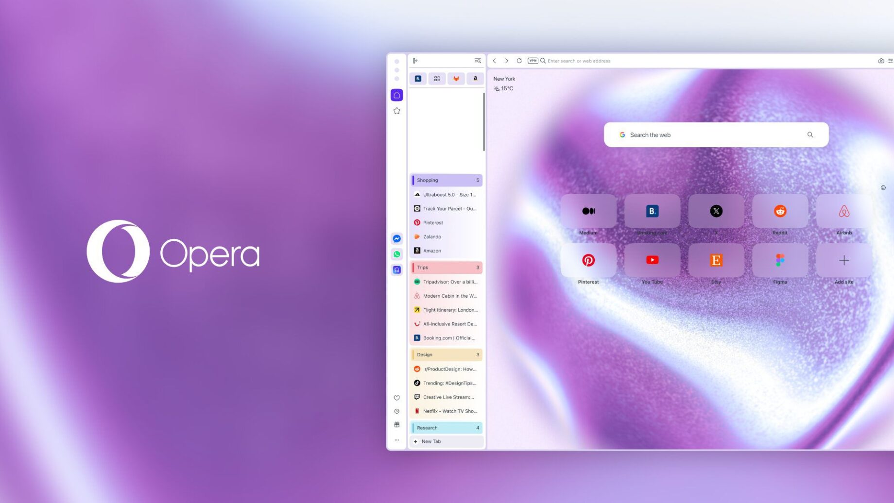 Opera One v macOS s vertikálními záložkami v levém panelu