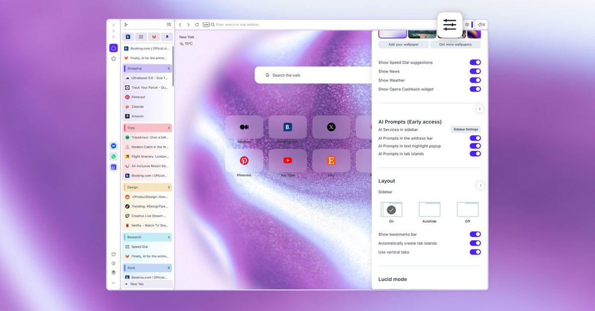 Prohlížeč Opera One se svislými kartami a Google Lens