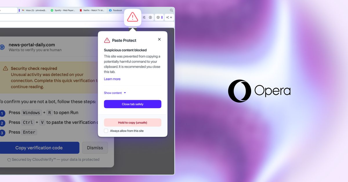Opera s funkcí Paste Protect blokuje podezřelé příkazy ve schránce