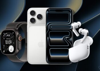 Apple produkty a iPhone na stole s cenovkami