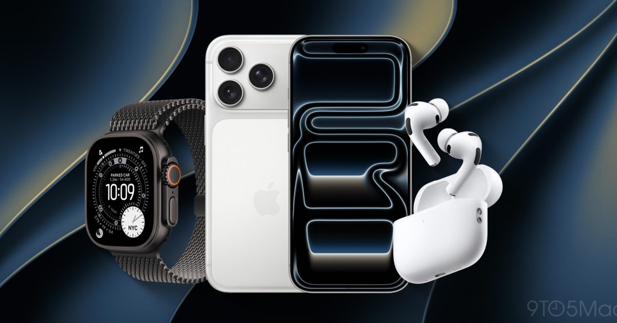 Apple produkty a iPhone na stole s cenovkami