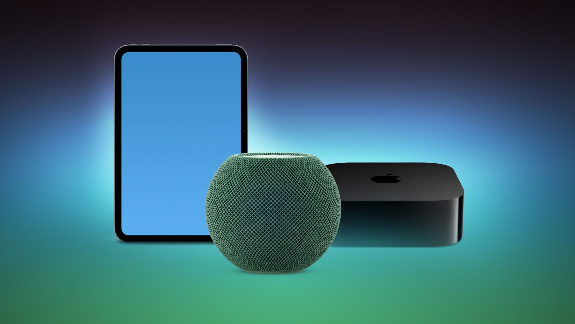 Uniklý iPad mini s čipem A20 Pro vedle HomePodu mini a Apple TV 4K