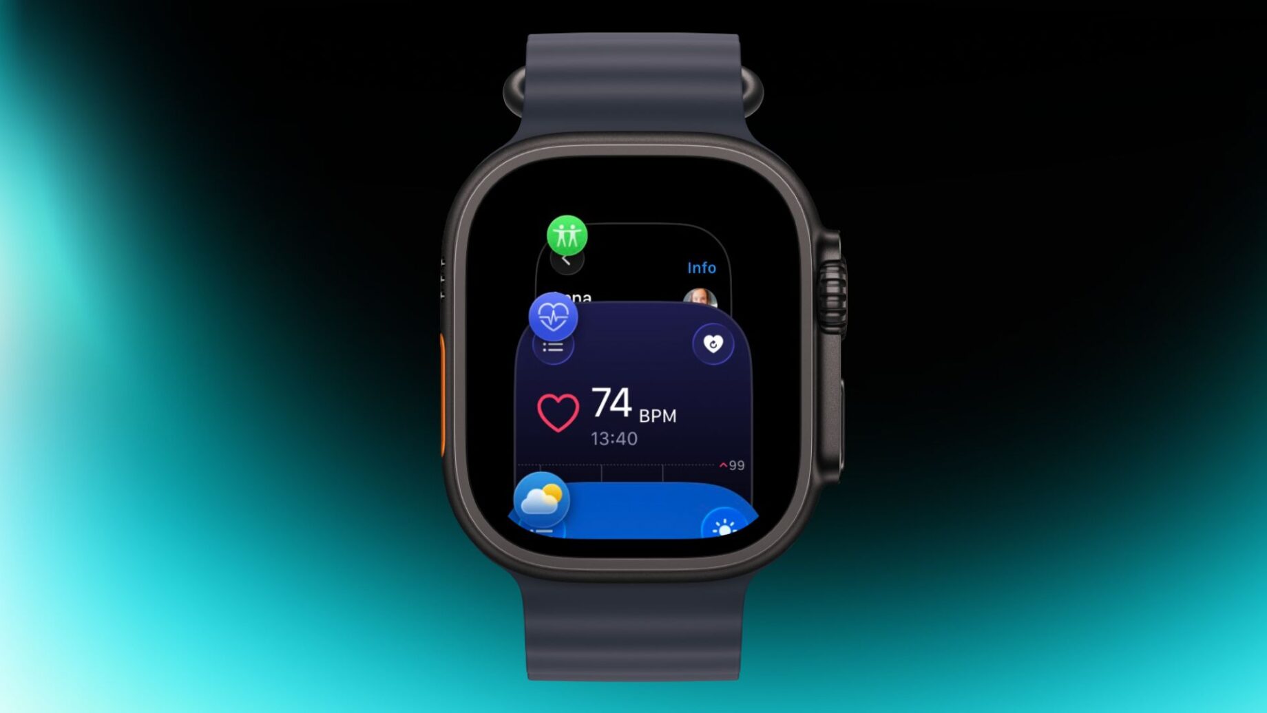 Apple Watch s otevřeným Přepínačem aplikací ve watchOS 27.2