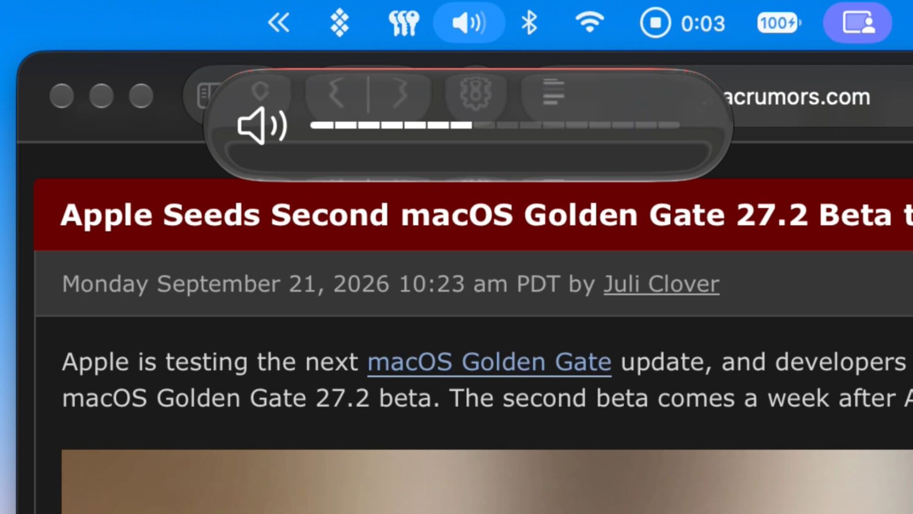 Nový posuvník hlasitosti a jasu v macOS 27.2 beta