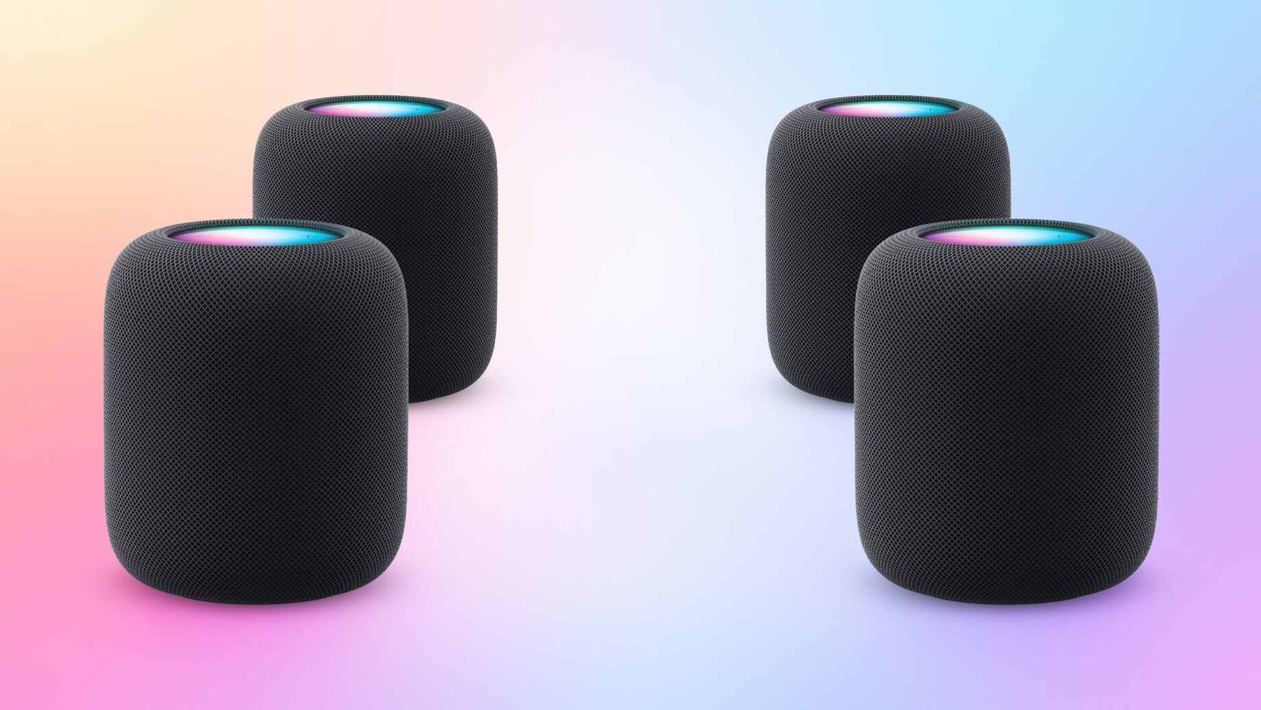 Apple TV 4K se čtyřmi HomePody rozmístěnými pro prostorový zvuk