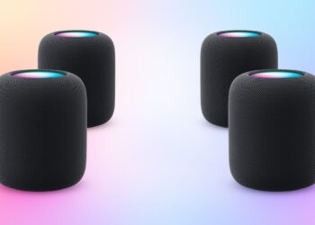 Apple TV 4K se čtyřmi HomePody rozmístěnými pro prostorový zvuk