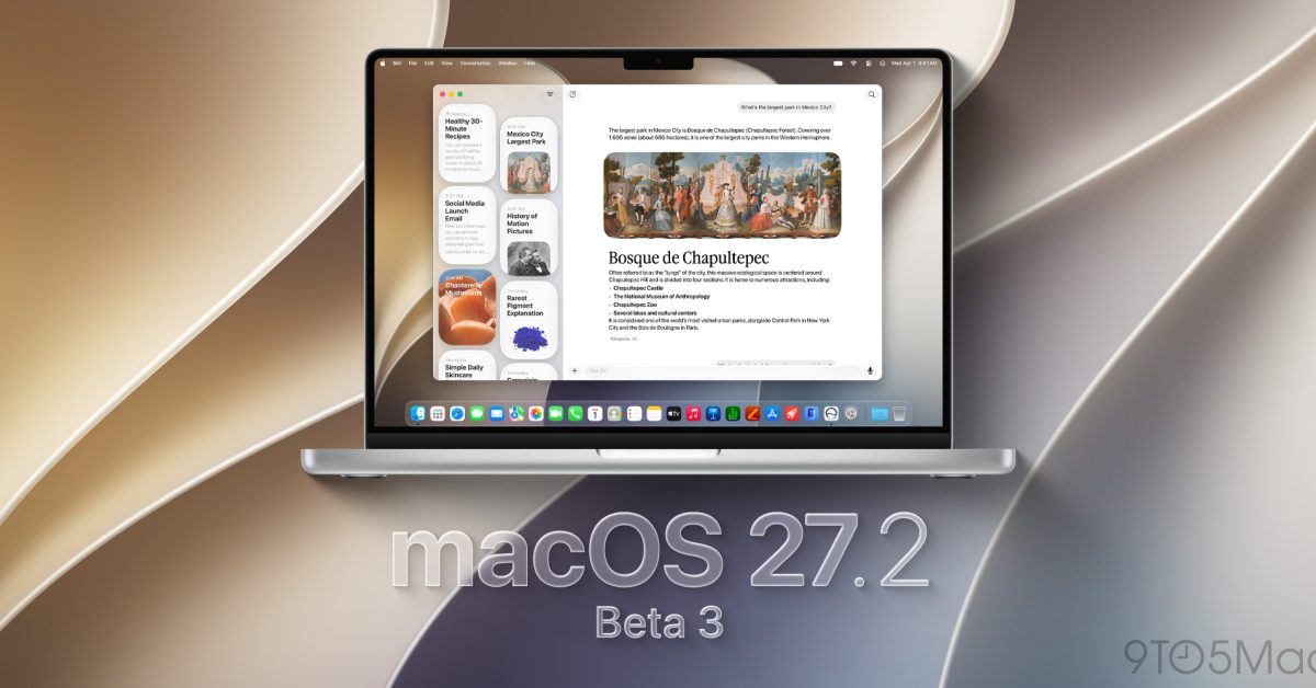 MacBook s testovací verzí macOS 27.2 Golden Gate a rozšířením Siri AI
